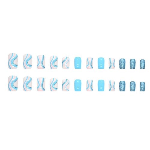 MISUD Short Square Press on Nails Squoval Fake Nails Glossy Glue on Nails Summer Blue Swirl Artificial Acrylic Nails Bling Glitter Stick on False Nails with Design 24 pcs