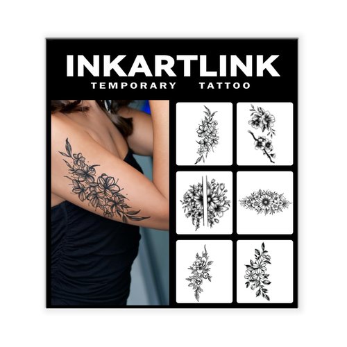 INKARTLINK 6 Sheets Temporary Tattoos, Semi-Permanent Tattoo, Fake tattoos, 1-2 Weeks Tattoo, For the Mature and Elegant Women, Flower Tattoos Temporary.