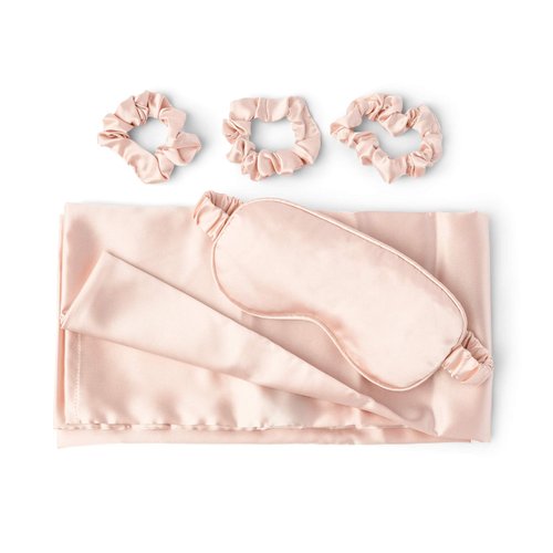 SACHEU Silky Sleep Set - 100% Satin, Vegan Silk Pillowcase Set with 3 Scrunchies and Eye Mask, Satin Pillowcase for Hair, Satin Pillowcases, Reduce Frizz, Soft, Fits Standard/Queen Size Pillow - Pink