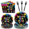 96Pcs Happy New Year Plates and Napkins Glow in the Dark Neon Tableware Set 2025 New Year Eve Party Decorations Disposable Paper Dinnerware Set Holiday Party Supplies for Kids and Adults Serves 24