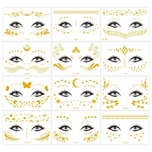 12 Sheets Gold Face Temporary Tattoo Sticker, Glitter Metallic Face Tattoo Stickers, Face Gold Temporary Transfer Tattoo Party Decor Freckle Sticker for Women Girls（Gold Face Stickers）638