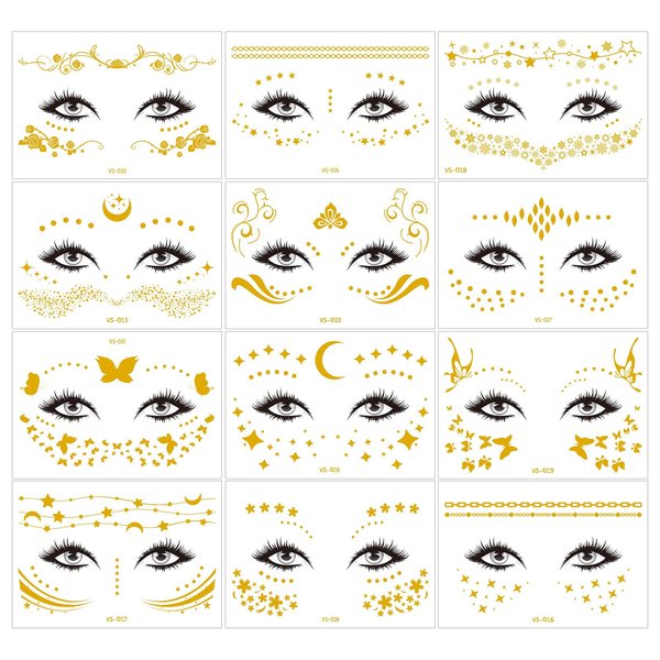 12 Sheets Gold Face Temporary Tattoo Sticker, Glitter Metallic Face Tattoo Stickers, Face Gold Temporary Transfer Tattoo Party Decor Freckle Sticker for Women Girls（Gold Face Stickers）638