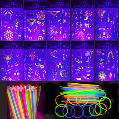 10 Sheets Glow in Dark Temporary Tattoos Indian Patterns Sun Moon Butterfly Neon UV Fake Tattoo Body Arm Art Stickers 50pcs Glowsticks for Adult Rave Festival Decorative Accessories