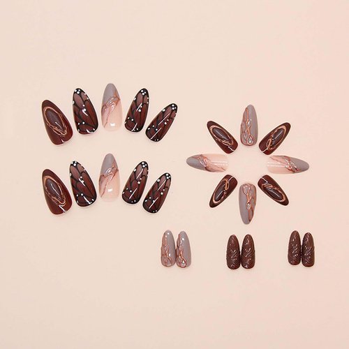 QQPPOLIU Fall Press on Nails Medium Almond Fake Nails Brown Press on False Nails with Butterfly and Striped Design Fall Nails for Women 24pcs