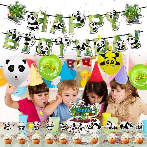 Cartoon Panda Birthday Party Supplies Including Panda Happy Birthday Banner, Cake Toppers, Cupcake Toppers, Balloons, Cute Panda Theme Party Set for Baby Shower Boys Girls Teens Party Decorations