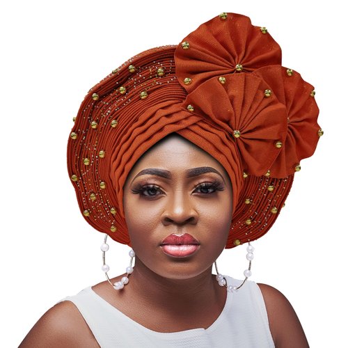Nigerian Gele Headties with Beads and Stones African Headtie Women Head Wrap Already Made For Party (Orange)