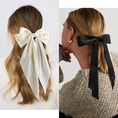 Atoden Hair Bows 4Pcs Silky Satin Hair Ribbons Cute Coquette Bows Black Beige White Oversized Long Tail Bow Hair Barrettes Metal Clips Bowknot Hair Accessories for Women Teen Girl Gifts Trendy Stuff
