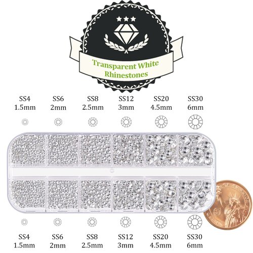 One Pack 2000 Pcs of Flatback Transparent White Clear Round Crystal Rhinestones 6 Sizes (1.5-6 mm) with Nail Art Rhinestone Picker Pencil And Tweezer For DIY And Salon Use