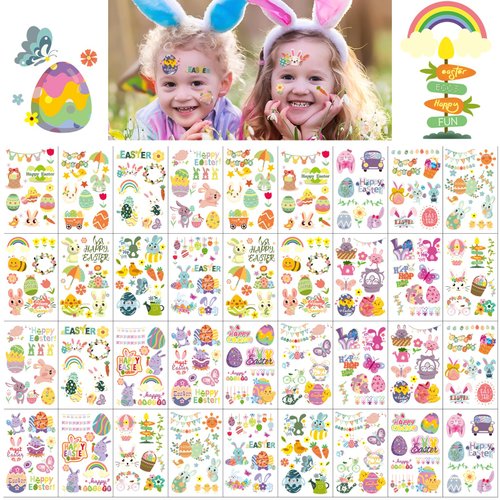 252+ PCS Easter Temporary Tattoos for Kids Men Women, 36 Sheets Easter Egg and Bunny Fake Tattoos...