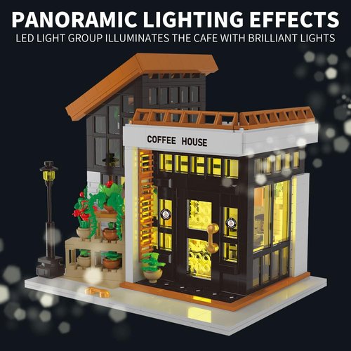 City Cafe Building Toy Set, Modular Coffee Shop Building Blocks Halloween Xmas Gift for Adult, Boy and Girls 14+, 1347pcs Mini Brick with LED (Not Compatible with Lego)