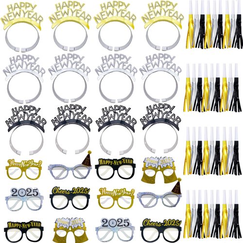 LCPQMZGH 60 Pcs New Year Eve Party Supplies 2025, Include 36 Metallic Fringed Noise Makers, 12 New Year Eyeglasses, 12 Happy New Year Headbands