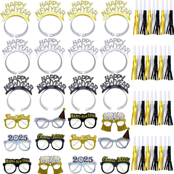 LCPQMZGH 60 Pcs New Year Eve Party Supplies 2025, Include 36 Metallic Fringed Noise Makers, 12 New Year Eyeglasses, 12 Happy New Year Headbands