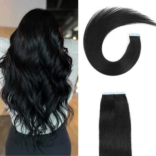Tape in Hair Extensions Human Hair Jet Black 40g Seamless Skin Weft Pu Tape in Hair Extensions 20 pieces Real Human Hair Tape in Extensions for Black Women (10Inch,Jet Black,40g/Pack)