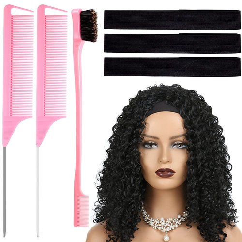 Hair Comb and Elastic Band for Wig Edge, Adjustable Lace Melting Band Wrap to Lay Edges and 2 Rat Tail Comb Stying Combs Braiding Combs for Parting 1 Dual Edge Brush with 4 Hair Clip (Pink)