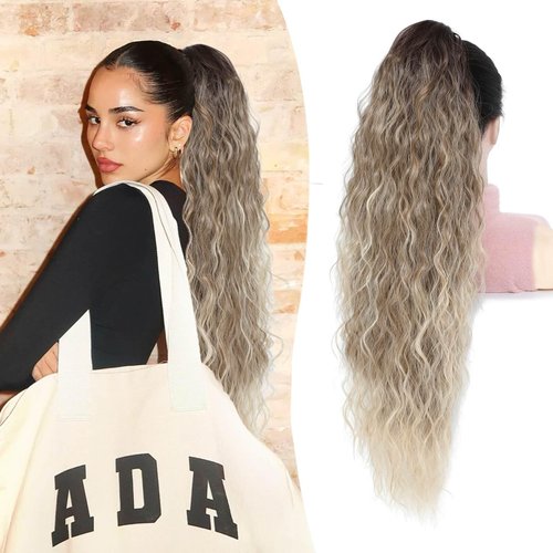 MARJORIE Ponytail Extension,Long Curly Wavy Claw Clip Ponytail Extension 30inch Pony Tails Hair Extensions Ombre Brown Blonde Fake Ponytail Fluffy Natural Clip in Ponytail Hairpiece for Women