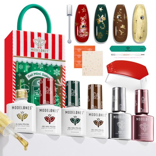 modelones Christmas Gel Nail Polish Kit With U V Light, Red Brown Green Gold Cat Eye Magnetic Manicure Set, Xmas Stickers Base Top Coat, 4 Colors Gel Mini Salon Fall Winter Holiday Gift For Women Girl