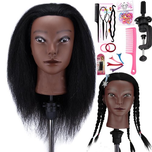 Mannequin Head with 100% Human Hair Mannequin Head Curly Cosmetology Afro Mannequins Heads with Stand for Practice Braiding Styling Training Head Hair Styling With Gift