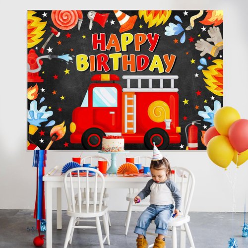 Mocsicka Fireman Birthday Backdrop 7x5ft Fire Truck Happy Birthday Party Decorations Banner Fireman Theme Kids Bday Background Boys Birthday Party Supplies