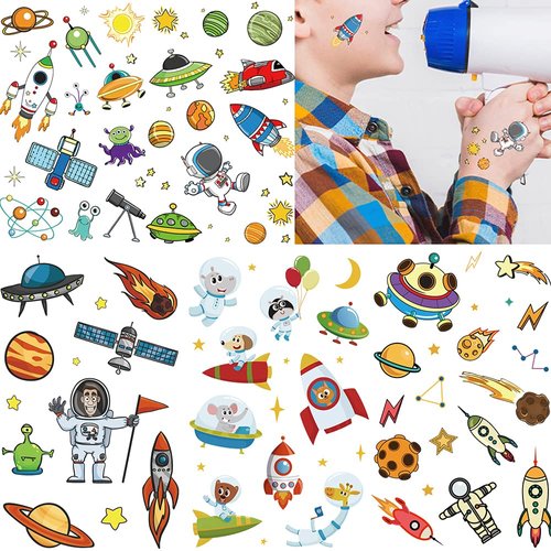 Temporary Tattoo for Kids, Waterproof Body Stickers, 111pcs Fake Tattoos Pattern, Cute Tattoo Decorations, Birthday Party Favor Supplies Decor for Boys Girls Children Toddler Teens 10 Sheets Space