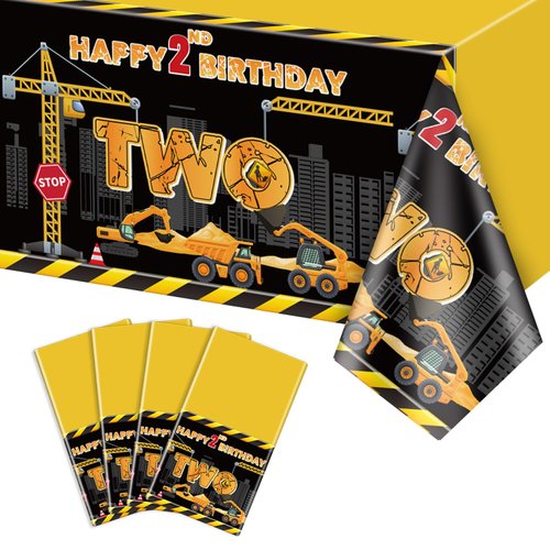 4 Pcs Construction Table Cloths - 2nd Construction Birthday Party Decorations Rectangular Dump Truck Tractor Table Covers for Kids Boys Two Birthday Construction Themed Party Supplies, 51 x 86 Inch