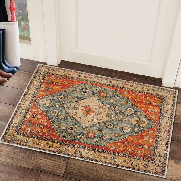 COMSLE Boho Area Rug, 2 x 3 Ft Washable Rugs for Entryway Faux Wool Small Rugs Distressed Throw Rug Non-Slip Floor Carpet for Indoor Bedroom Kitchen Living Room