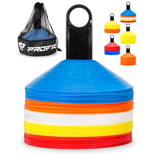 Pro Disc Cones (Set of 50) - Agility Soccer Cones with Carry Bag and Holder for Sports Training, Football, Basketball, Coaching, Practice Equipment, Kids - Includes 15 Best Drills Book (Multi-Color)