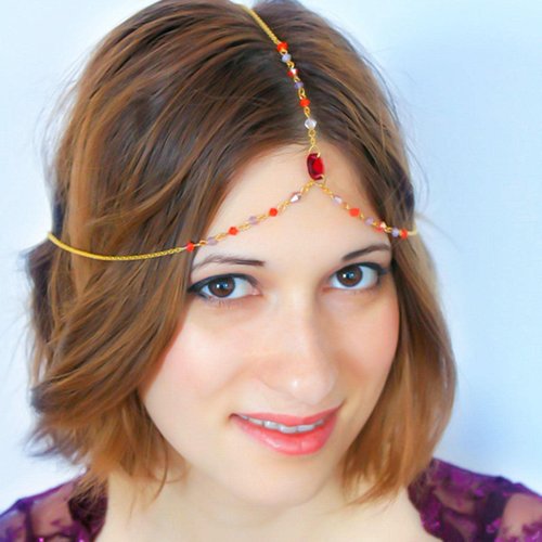 Zeshimb Gold Head Chain Jewelry Boho Headband Head Chain Red Crystal Super Sparkle Accessories Tassel Chain Hair Band Festival Prom Jewelry for Women Girls