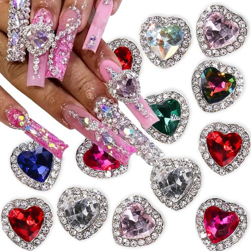 12Pcs Heart Nail Charms Alloy Valentine's Day Nail Charms Rhinestones Nail Art Supplies 3D Silver Nail Art Charms Nail Gems Nail Jewelry with Colorful Hearts for Women Girls Acrylic Nails Decorations