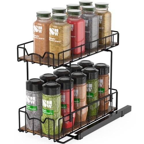 Simple Houseware 2-Tier Spice Rack Slide Out Wire Basket Drawer Organizer, Black