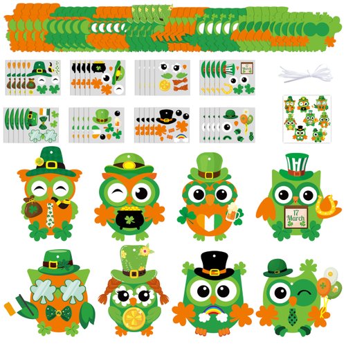 3sscha 40 Packs St. Patrick's Day Owl Craft Kit for Kids DIY Make Your Own Lucky Shamrock Self-Adhesive Sticker Handmade Artwork Decoration Classroom Home Holiday Activity Gift Party Favor Supplies