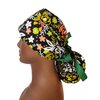 Ponytail Long Hair Covers for Women - Colorful Adjustable Scrub Caps - Cotton Scrubs to Cover Head - Made in USA (Yellow, Orange, and White Flowers on Black Scrub)