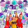 Mermaid Birthday Decorations for Girls Women, 29pcs Birthday Party Supplies Including Pom Poms Flowers Happy Birthday Banner Dots Garland Hanging Swirls and Balloons Purple Teal Confetti