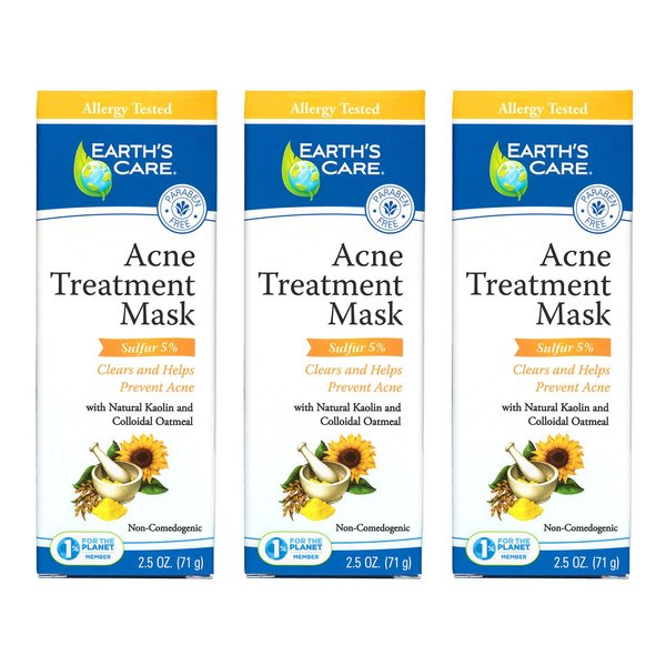Earth's Care Acne Treatment Mask - 5% Sulfur Cystic Acne Treatment - Acne Medicine for Face Pimples and Blackheads 2.5 OZ (3 Tubes)
