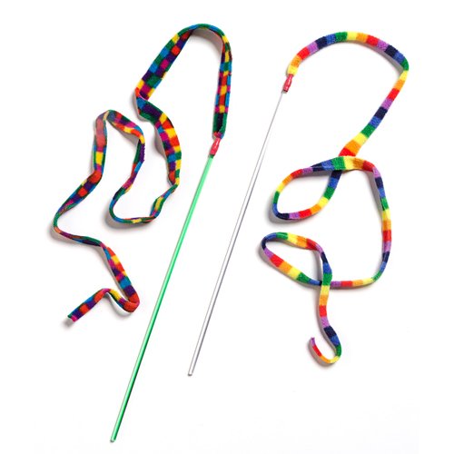 CAT DANCER Products Cat Charmer Interactive Cat Toy, Safe Teaser Wand, Colorful Fabric Ribbon Safe Flexible Exercise Toy, 2-Pack, Multi-Color, Pattens Vary