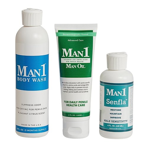 Man1 Collection - Man Oil, Senfla and Body Wash - Gift For Him. His Anniversary, His Birthday, Down There Health Care, Includes Three Full Size Intimate Care Products
