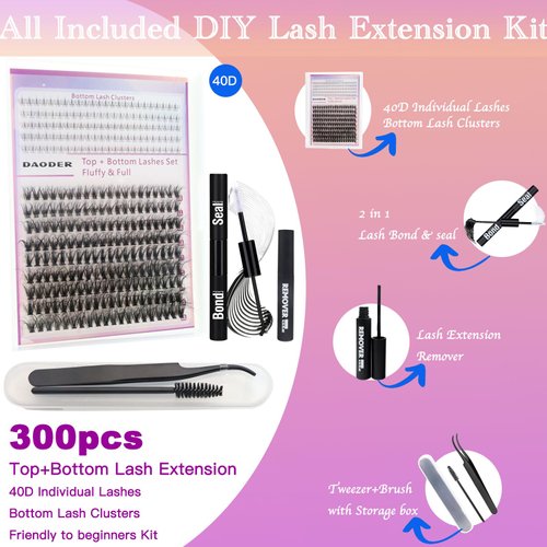 DAODER Lash Clusters Kit with Bottom Lashes Natural Lash Extension Kit with Lash Remover 40D D Curl Fluffy Top & Bottom DIY Eyelash Extension Kit 10-16MM 300pcs(40D+Bottom Lash Clusters Kit)
