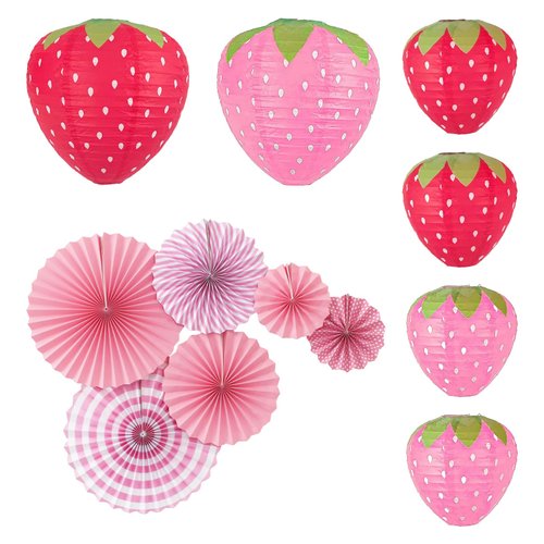 12 Pack Strawberry Paper Lanterns Paper Fan Party Decorations - Hanging Birthday Lantern Decor Fruit Themed Parties Strawberry Decorations Lanterns For Garden,Yard,Lawn,Etc.