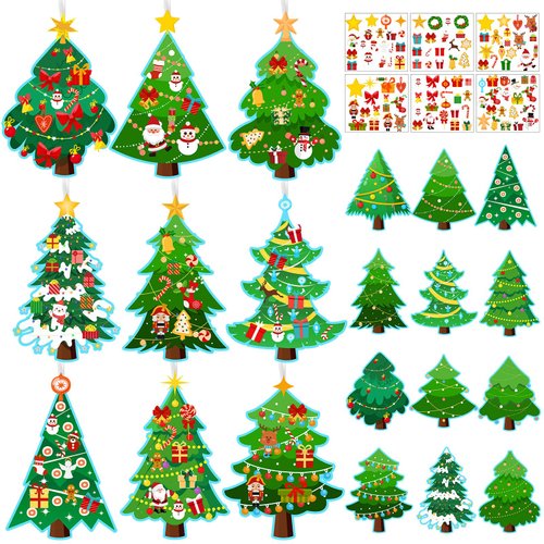 Cholemy 48 Sets Christmas Tree Stickers Craft Kit DIY Make a Christmas Tree Stickers Decals Crafts Xmas Tree Sticker with Cardboard and Rope for Games Christmas Party Gifts Supplies