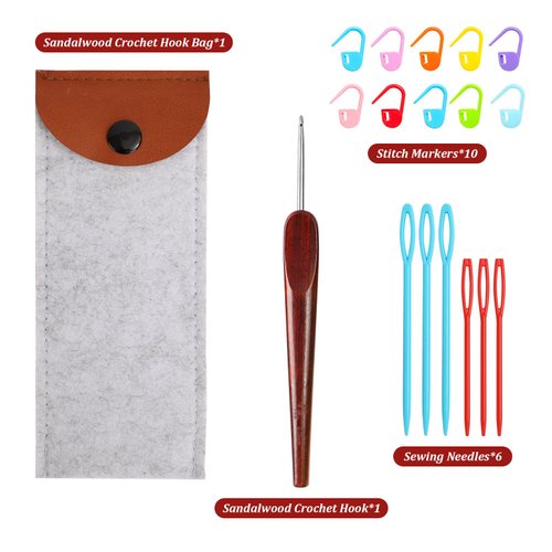 LOOEN Smooth Crochet Hooks with Mertric Numbers and 10 pcs Stitch Markers, 6 pcs Sweing Needles, 1 pc Sandalwood Crochet Hook Bag, Hand Polished Stainless Steel Crochet Hook with Wood Handle(3.0mm)