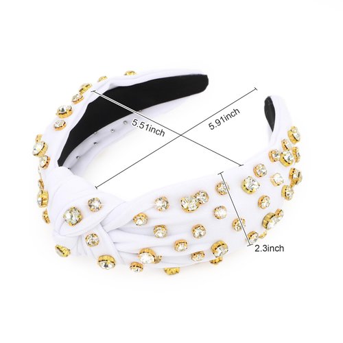 Uintoon White Knotted Headband Sparkly Rhinestone Headbands Women Girls Wide Top Knot Shiny Headbands Headpieces Crystal Beaded Jeweled Hairbands Fashion Embellished Hair Band Non Slip Accessories