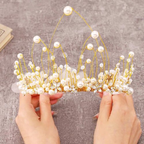 CASDRE Pearl Bride Wedding Headband Gold Crystal Bridal Headpiece Hair Hoop Rhinestone Birthday Tiara Hair Accessories for Women and Girls