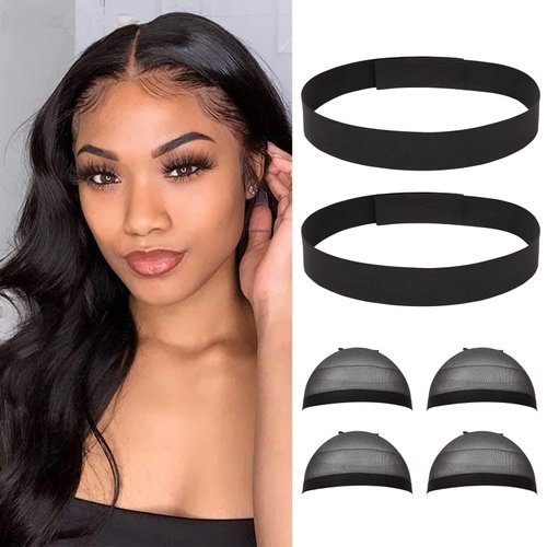 Elastic Bands for Wigs, 2pcs Lace Melting Bands, 4 Wig Caps, 60cm Adjustable Grip Headbands for Baby Hair Closures