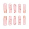 MISUD Long Square Press on Nails Squoval Fake Nails Glossy Glue on Nails Bling Gold Glitter Acrylic Nails French Tip Artificial Nails Wave Line Stick on False Nails with Swirl Design 24 pcs