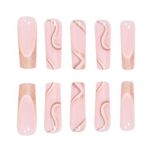 MISUD Long Square Press on Nails Squoval Fake Nails Glossy Glue on Nails Bling Gold Glitter Acrylic Nails French Tip Artificial Nails Wave Line Stick on False Nails with Swirl Design 24 pcs