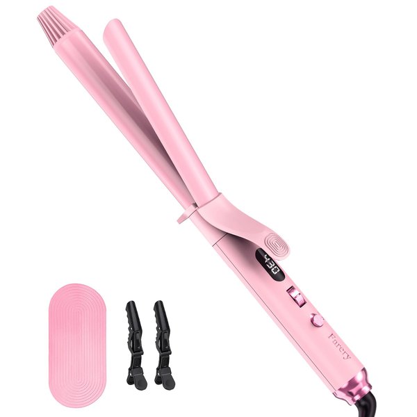 FARERY Long Barrel Curling Iron 1 Inch, Extra Long Curling Iron for Thin Hair, Ceramic Curling Iron Infused Argan Oil & Keratin, 11 Adjustable Temp, Include Clips & Silicone Pad, Pink