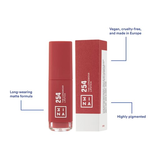 3INA The Longwear Lipstick 254 Dark Pink Nude - Long Lasting, Smudge Proof, Matte Lipstick for Women - Paraben Free, Cruelty Free, Vegan - Fast Drying, Moisturizing, Hydrating Liquid Formula - 0.22 oz