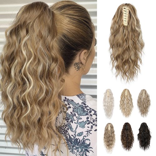 REECHO 14" Ponytail Extension, Claw Clip Ponytail Extension Fake Pony Tails Soft Wavy Multi Layered Clip in Hair Extensions Synthetic Hairpiece for Women HP002 - Medium Blonde with Highlights