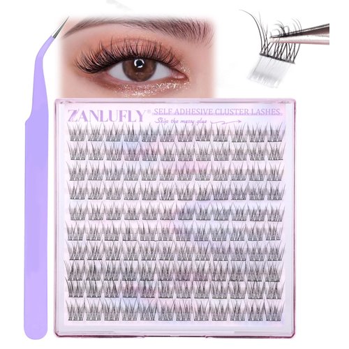 Self Adhesive Cluster Lashes Natural No Glue Individual Lashes Wispy Self Adhesive Eyelash Clusters with Clear Self Adhesive Strips DIY Eyelash Extensions(10-12MM)