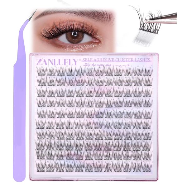 Self Adhesive Cluster Lashes Natural No Glue Individual Lashes Wispy Self Adhesive Eyelash Clusters with Clear Self Adhesive Strips DIY Eyelash Extensions(10-12MM)