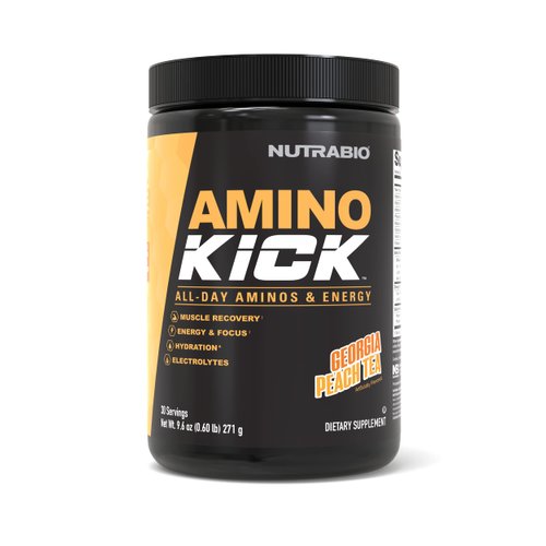 NutraBio Amino Kick - Amino Acid Energy Formula - BCAA's, Electrolytes for Hydration, Natural Caffeine- 30 Servings (Georgia Peach Tea)